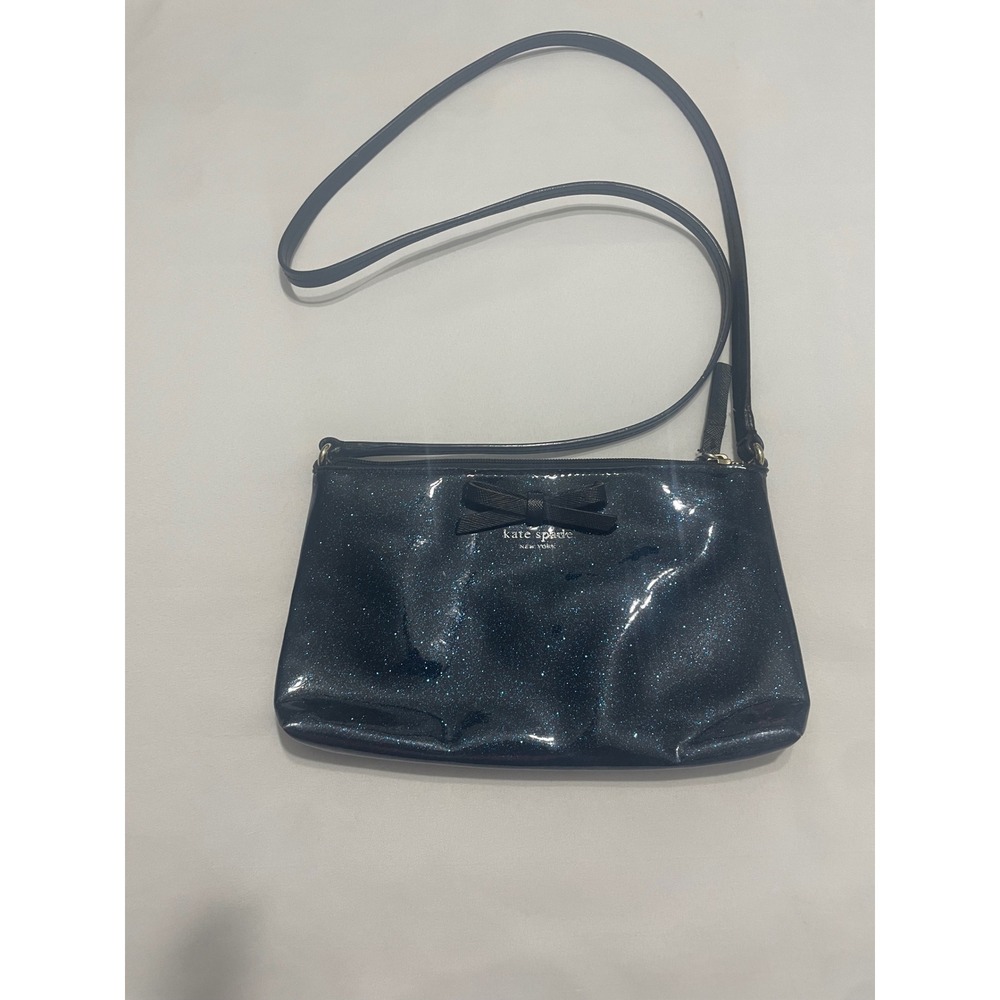 Kate Spade New York Glitter Patent Bow Crossbody Bag Navy Blue Sparkle Slim Zip
